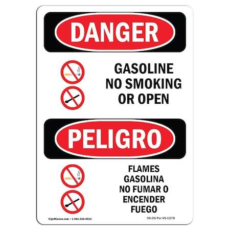 Signmission OSHA Sign, Gasoline No Smoking Or Open Flames Bilingual, 24in X 18in Decal, 18" W, 24" L, Spanish OS-DS-D-1824-VS-1278